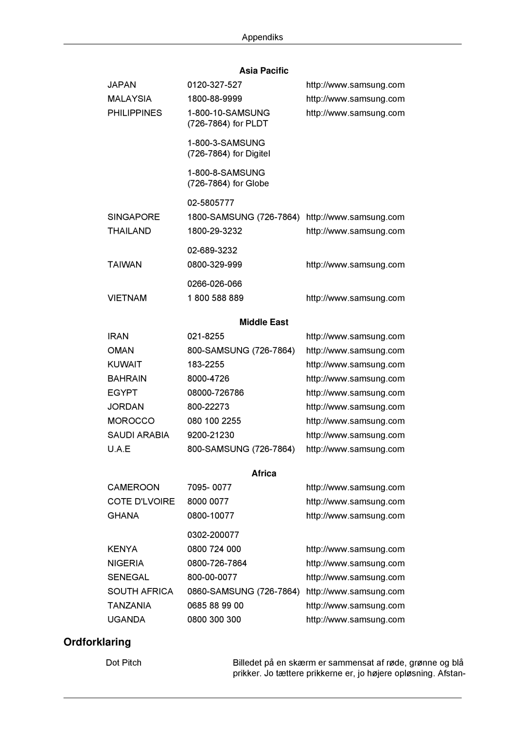 Samsung LH55CSPLBC/EN manual Ordforklaring, Middle East, Africa 