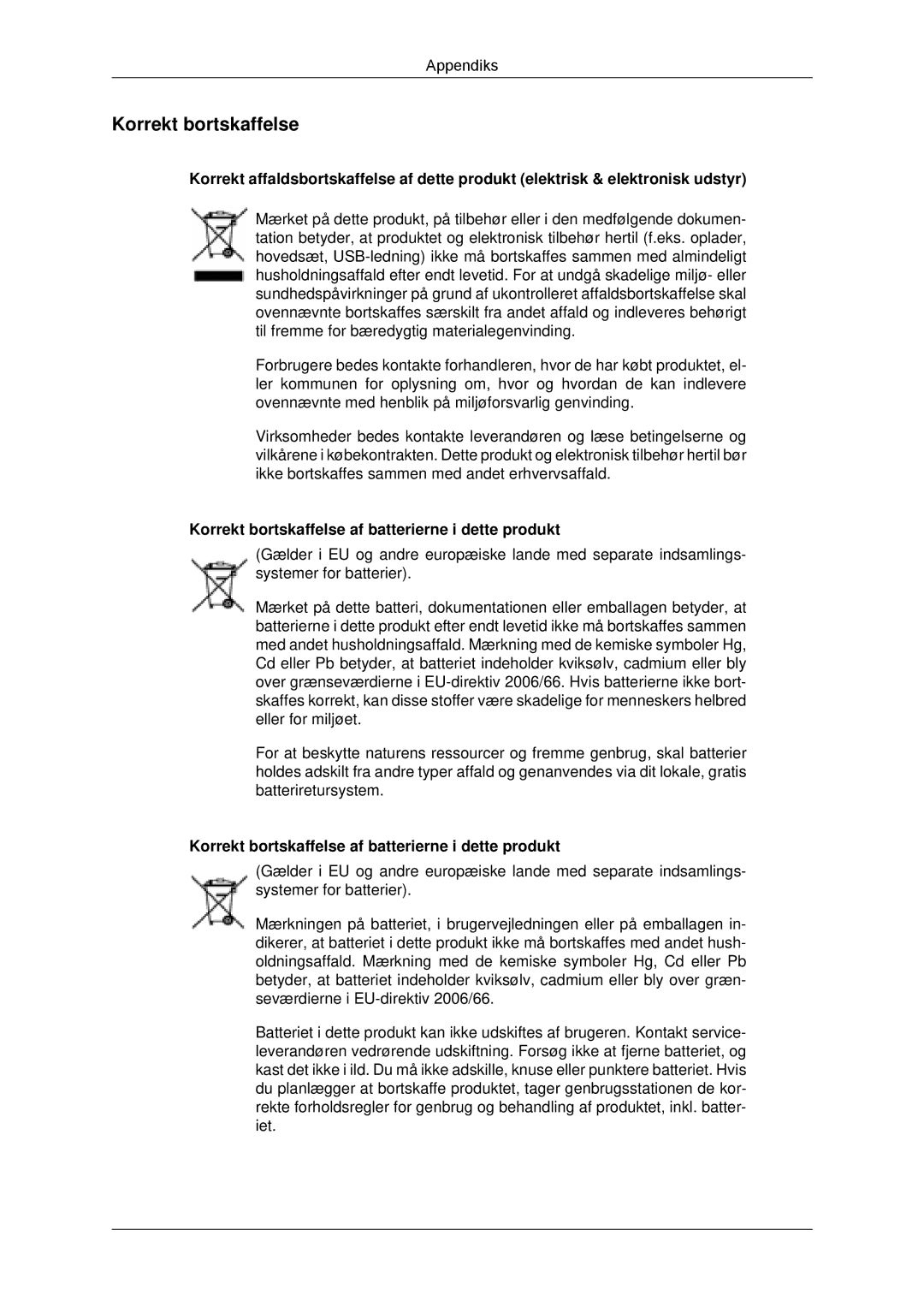 Samsung LH55CSPLBC/EN manual Korrekt bortskaffelse af batterierne i dette produkt 