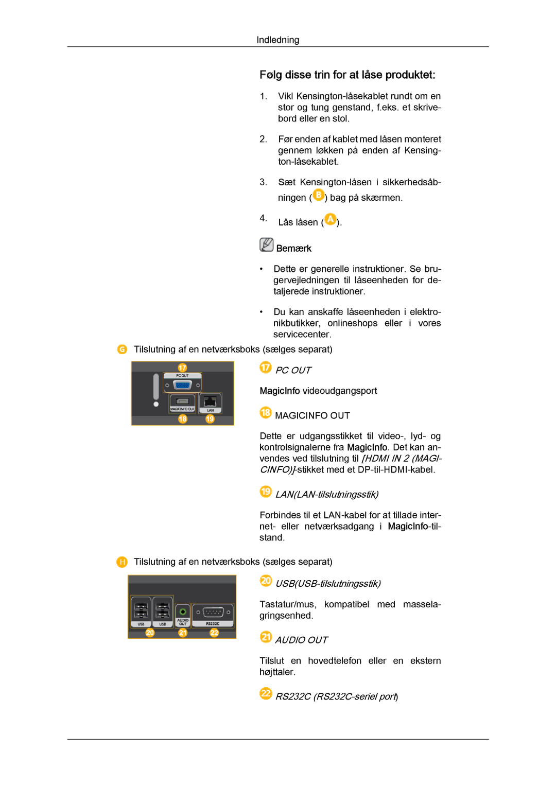 Samsung LH55CSPLBC/EN manual Følg disse trin for at låse produktet, Pc Out 