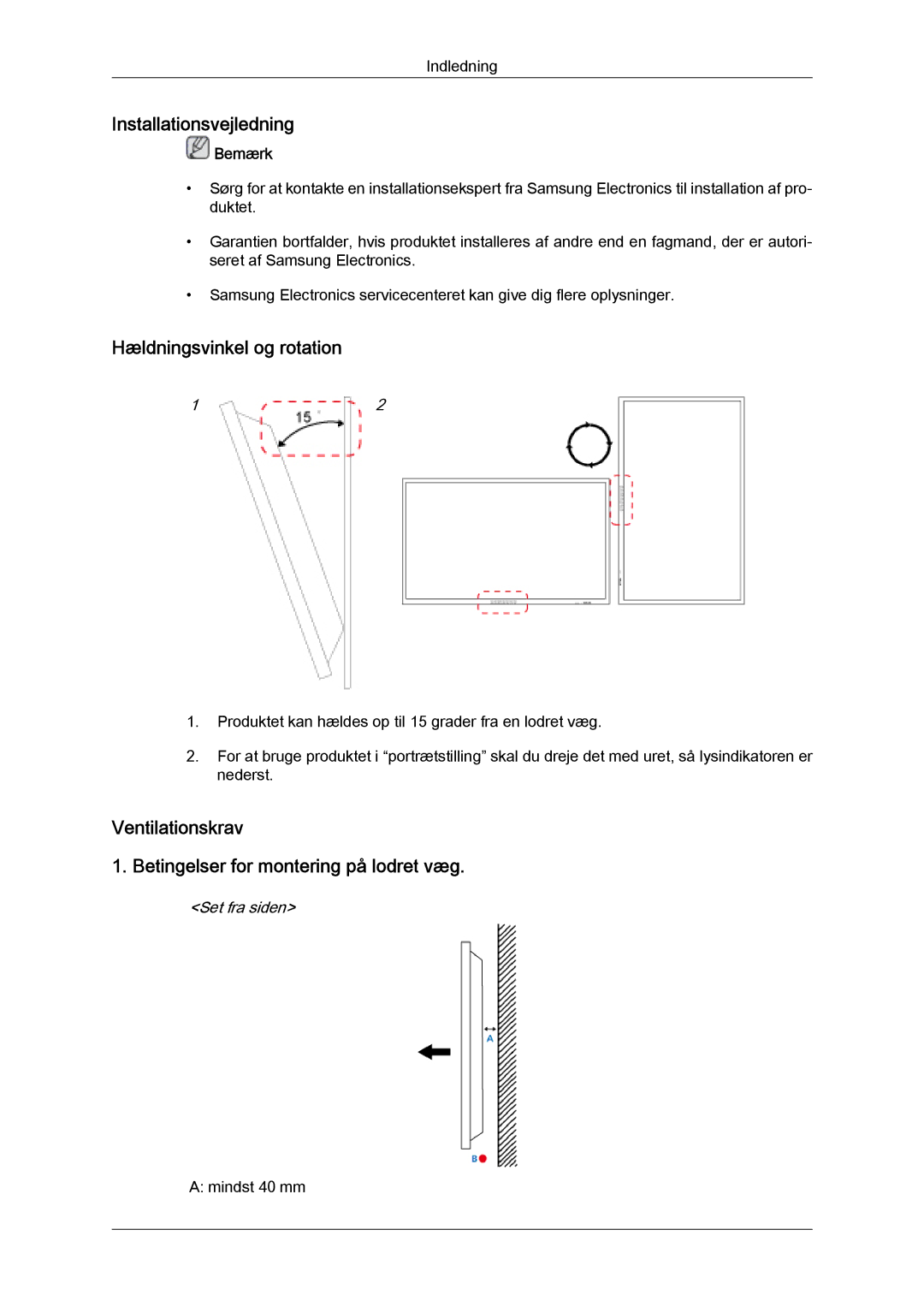 Samsung LH55CSPLBC/EN manual Installationsvejledning, Hældningsvinkel og rotation 