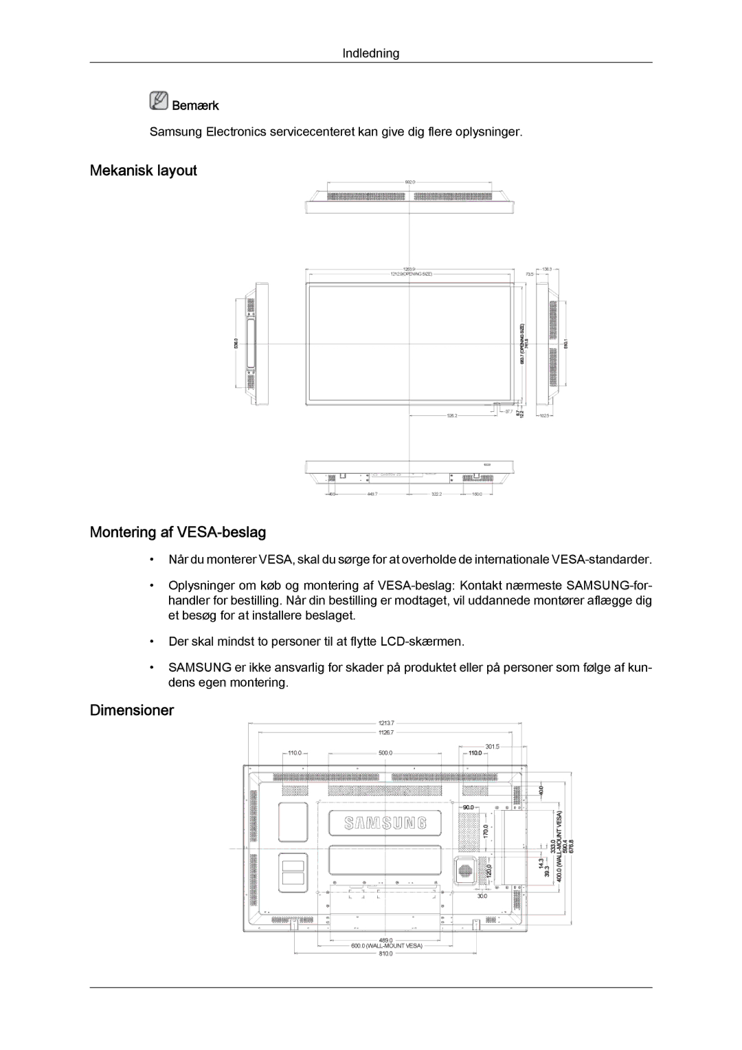 Samsung LH55CSPLBC/EN manual Mekanisk layout Montering af VESA-beslag, Dimensioner 