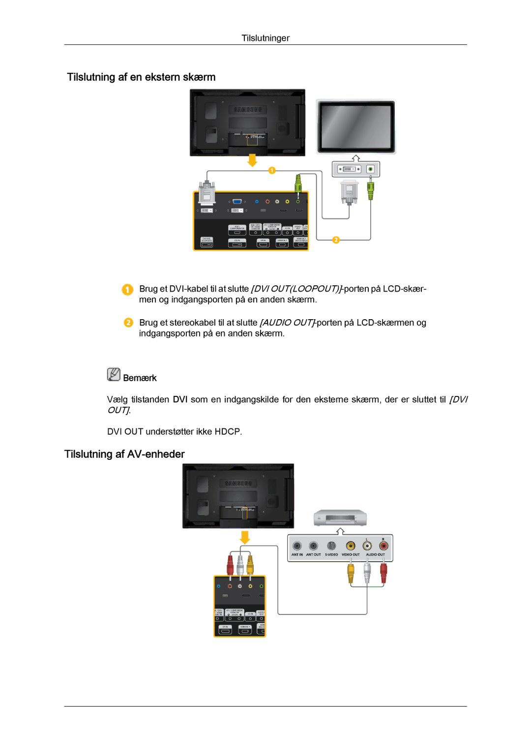 Samsung LH55CSPLBC/EN manual Tilslutning af en ekstern skærm, Tilslutning af AV-enheder 