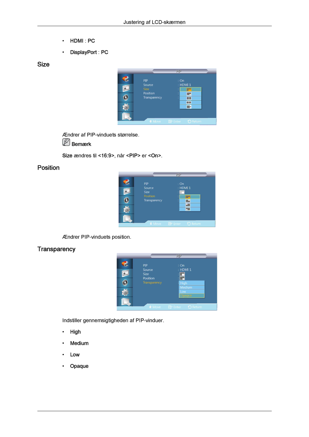 Samsung LH55CSPLBC/EN manual Size, Position, Transparency, DisplayPort PC, High Medium Low Opaque 