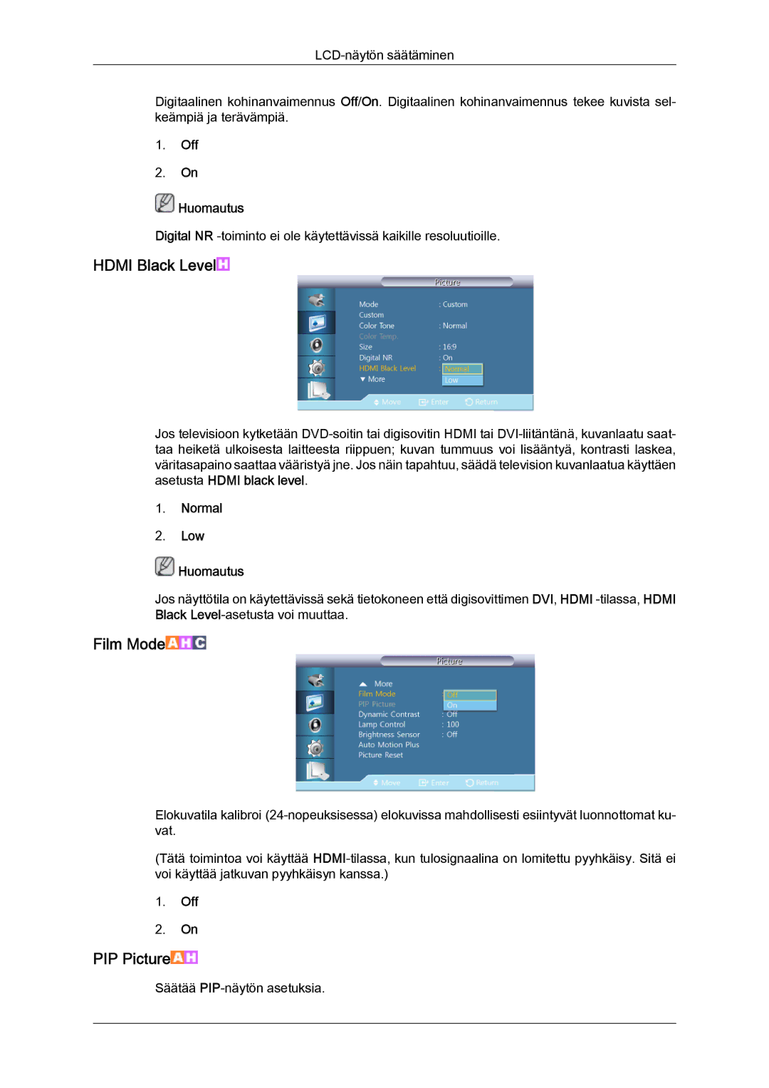 Samsung LH55CSPLBC/EN manual Hdmi Black Level, Film Mode, Normal Low Huomautus 
