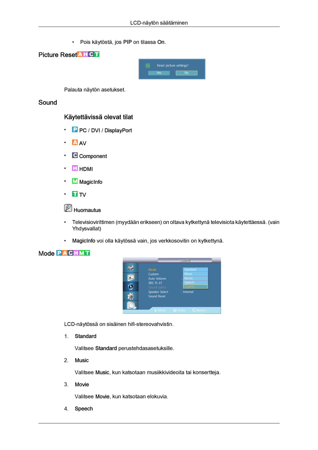 Samsung LH55CSPLBC/EN manual Sound Käytettävissä olevat tilat, Music, Speech 