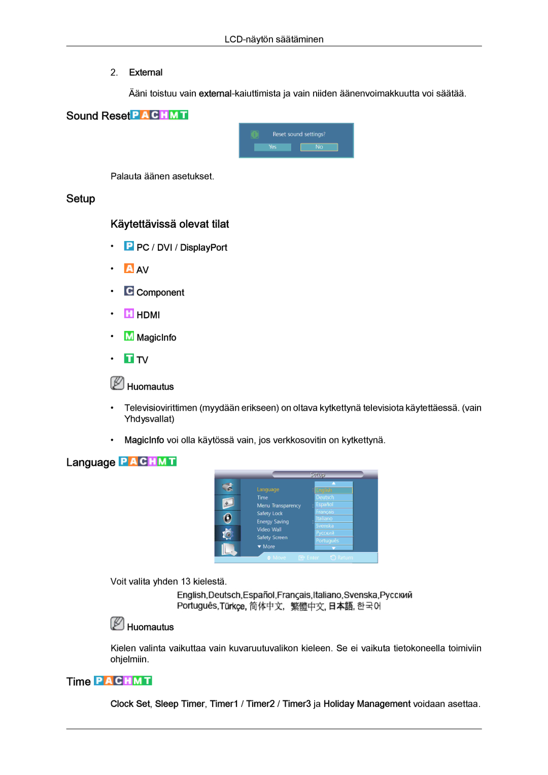 Samsung LH55CSPLBC/EN manual Sound Reset, Setup Käytettävissä olevat tilat, Language, Time, External 