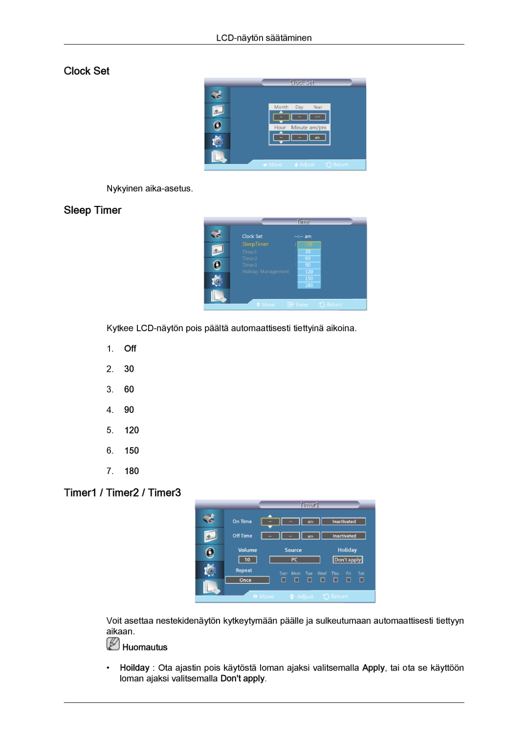 Samsung LH55CSPLBC/EN manual Clock Set, Sleep Timer, Timer1 / Timer2 / Timer3 