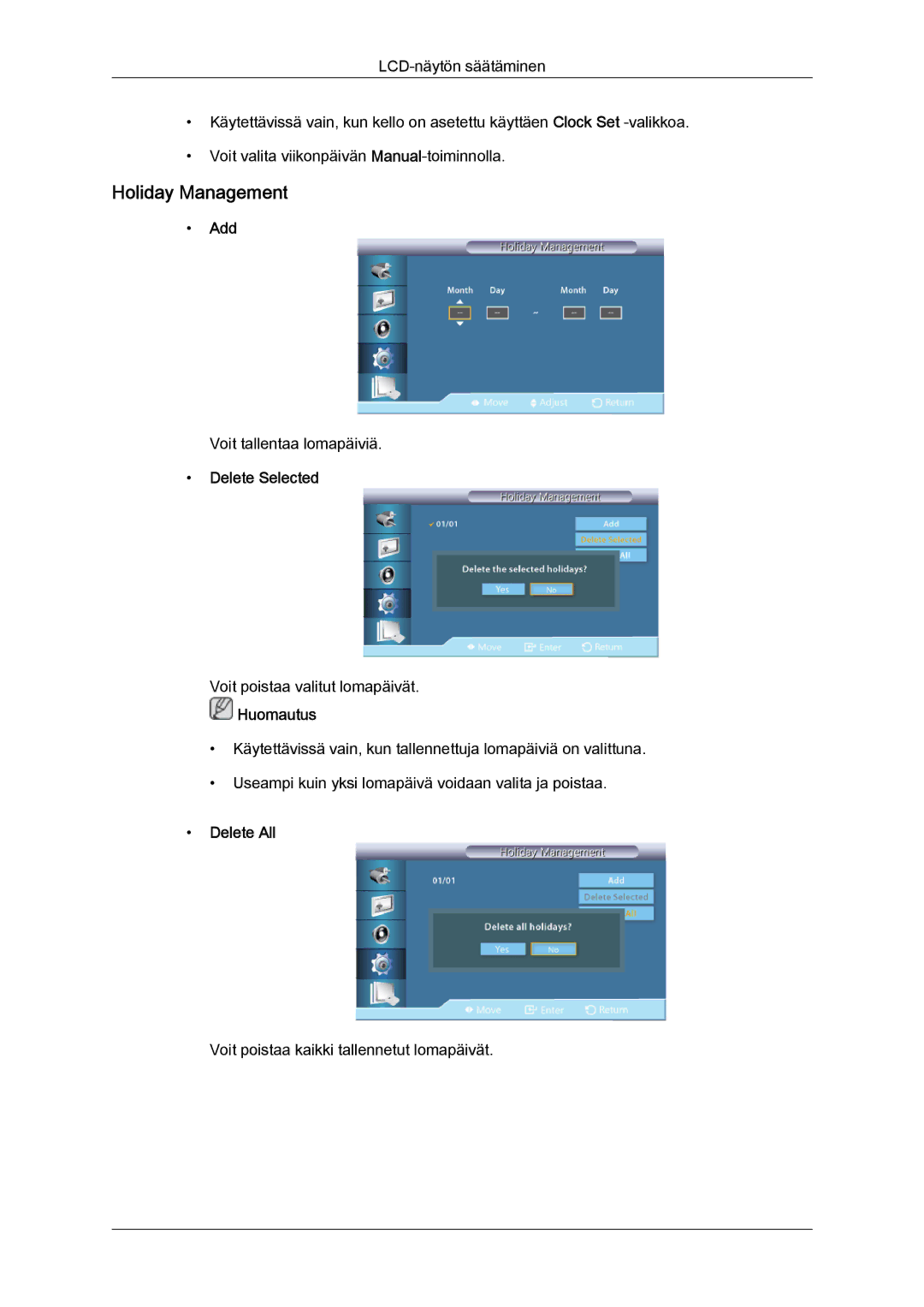 Samsung LH55CSPLBC/EN manual Holiday Management, Add, Delete Selected, Delete All 