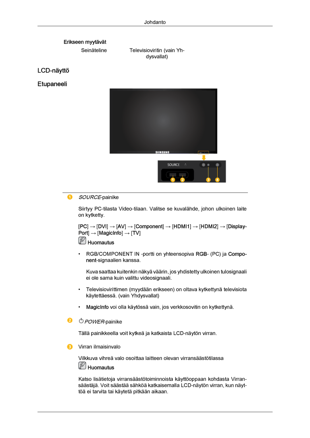 Samsung LH55CSPLBC/EN manual LCD-näyttö Etupaneeli 