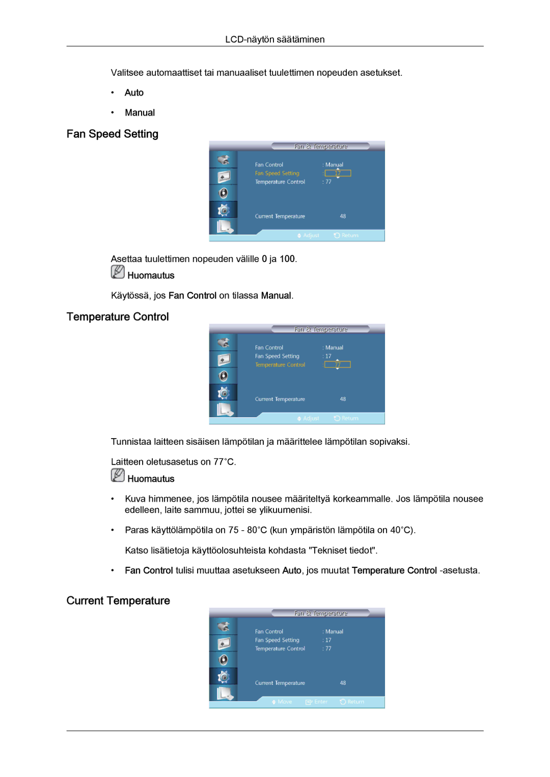 Samsung LH55CSPLBC/EN manual Fan Speed Setting, Temperature Control, Current Temperature, Auto Manual 