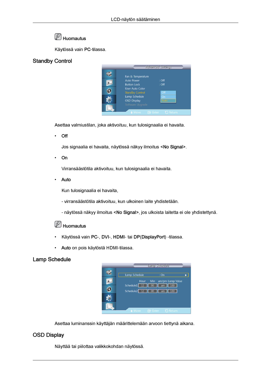 Samsung LH55CSPLBC/EN manual Standby Control, Lamp Schedule, OSD Display, Auto 