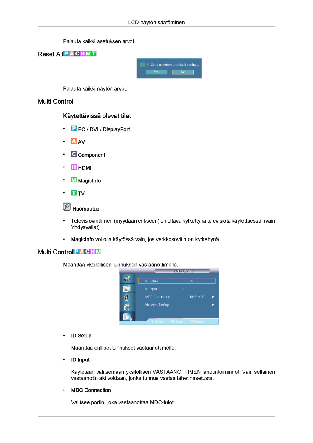 Samsung LH55CSPLBC/EN manual Reset All, Multi Control Käytettävissä olevat tilat 