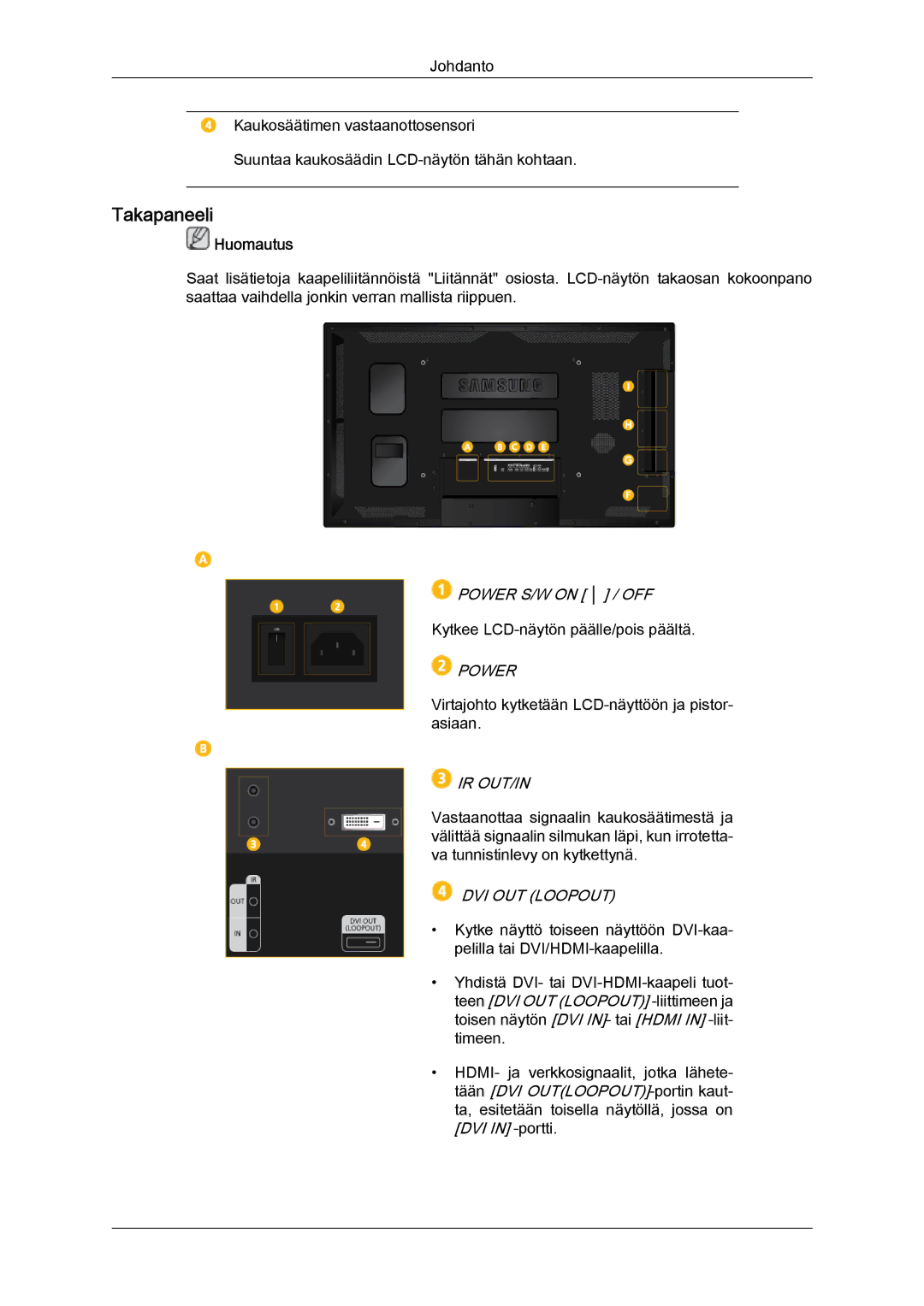 Samsung LH55CSPLBC/EN manual Takapaneeli, Ir Out/In 