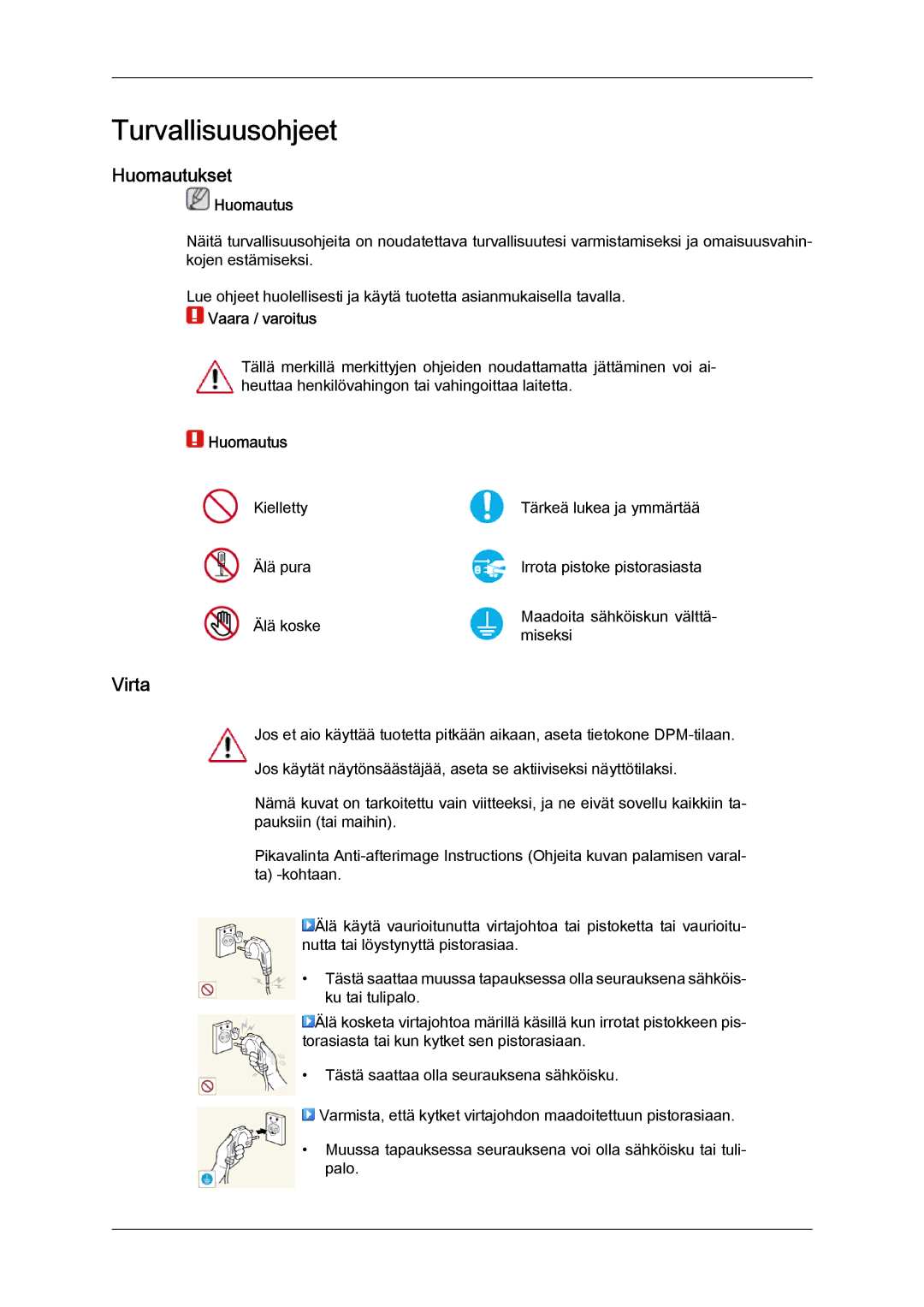 Samsung LH55CSPLBC/EN manual Huomautukset, Virta, Huomautus, Vaara / varoitus 