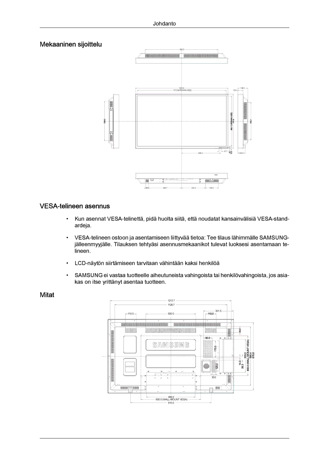 Samsung LH55CSPLBC/EN manual Mekaaninen sijoittelu VESA-telineen asennus, Mitat 