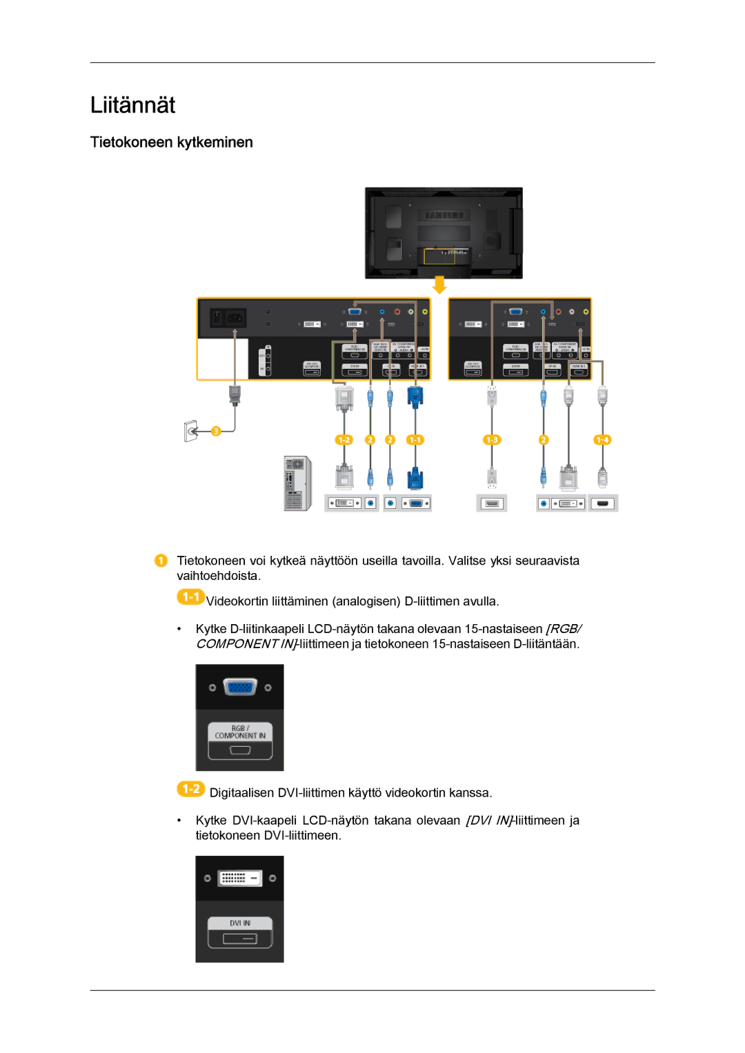 Samsung LH55CSPLBC/EN manual Liitännät, Tietokoneen kytkeminen 