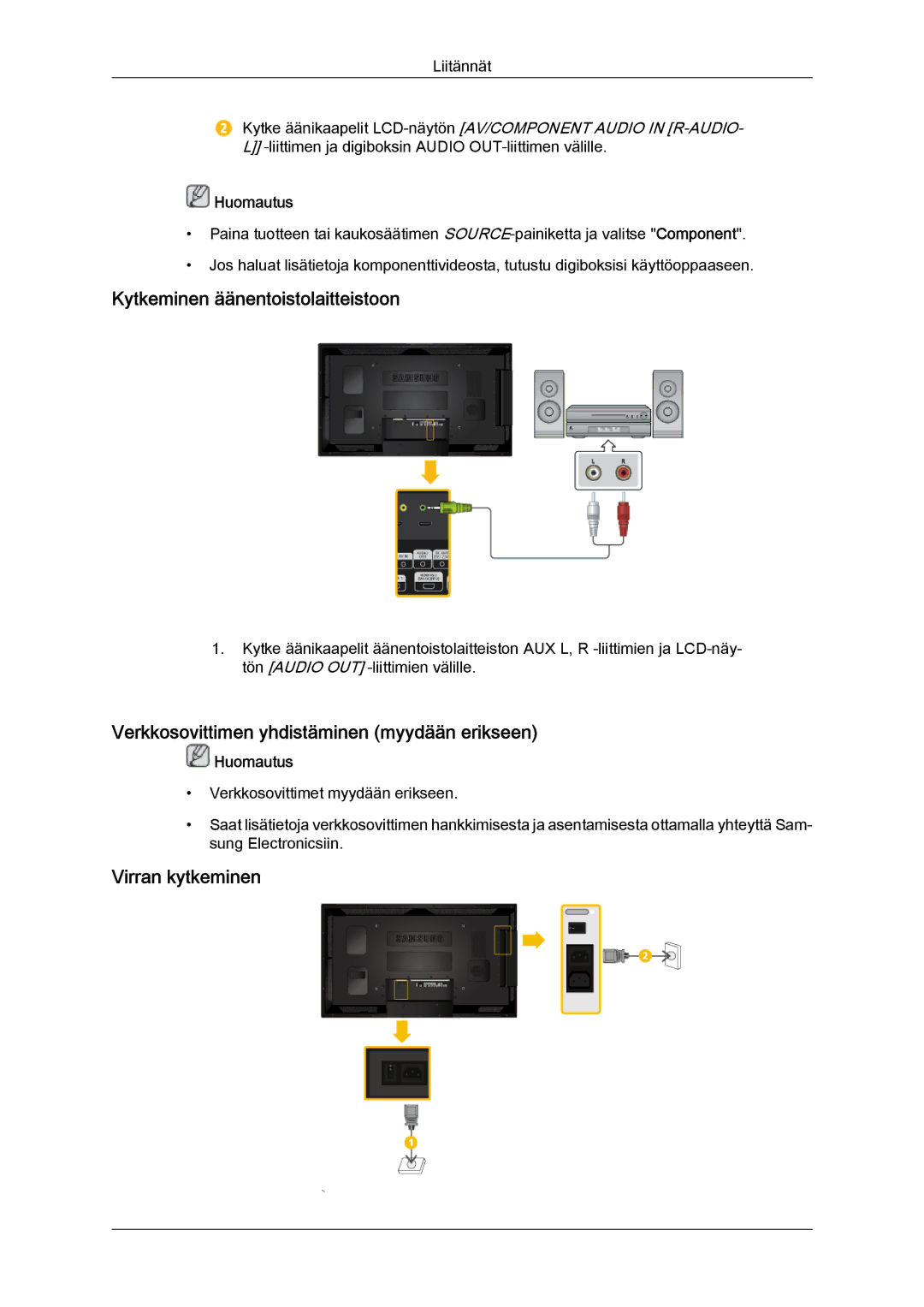 Samsung LH55CSPLBC/EN manual Kytkeminen äänentoistolaitteistoon, Verkkosovittimen yhdistäminen myydään erikseen 