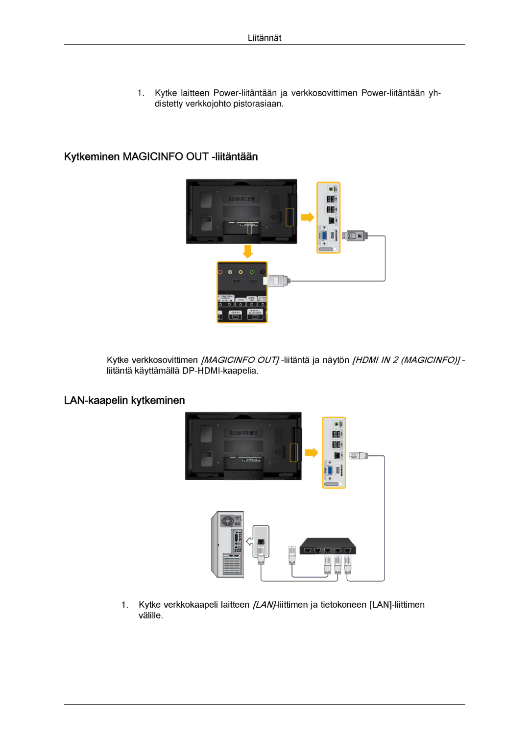 Samsung LH55CSPLBC/EN manual Kytkeminen Magicinfo OUT -liitäntään, LAN-kaapelin kytkeminen 