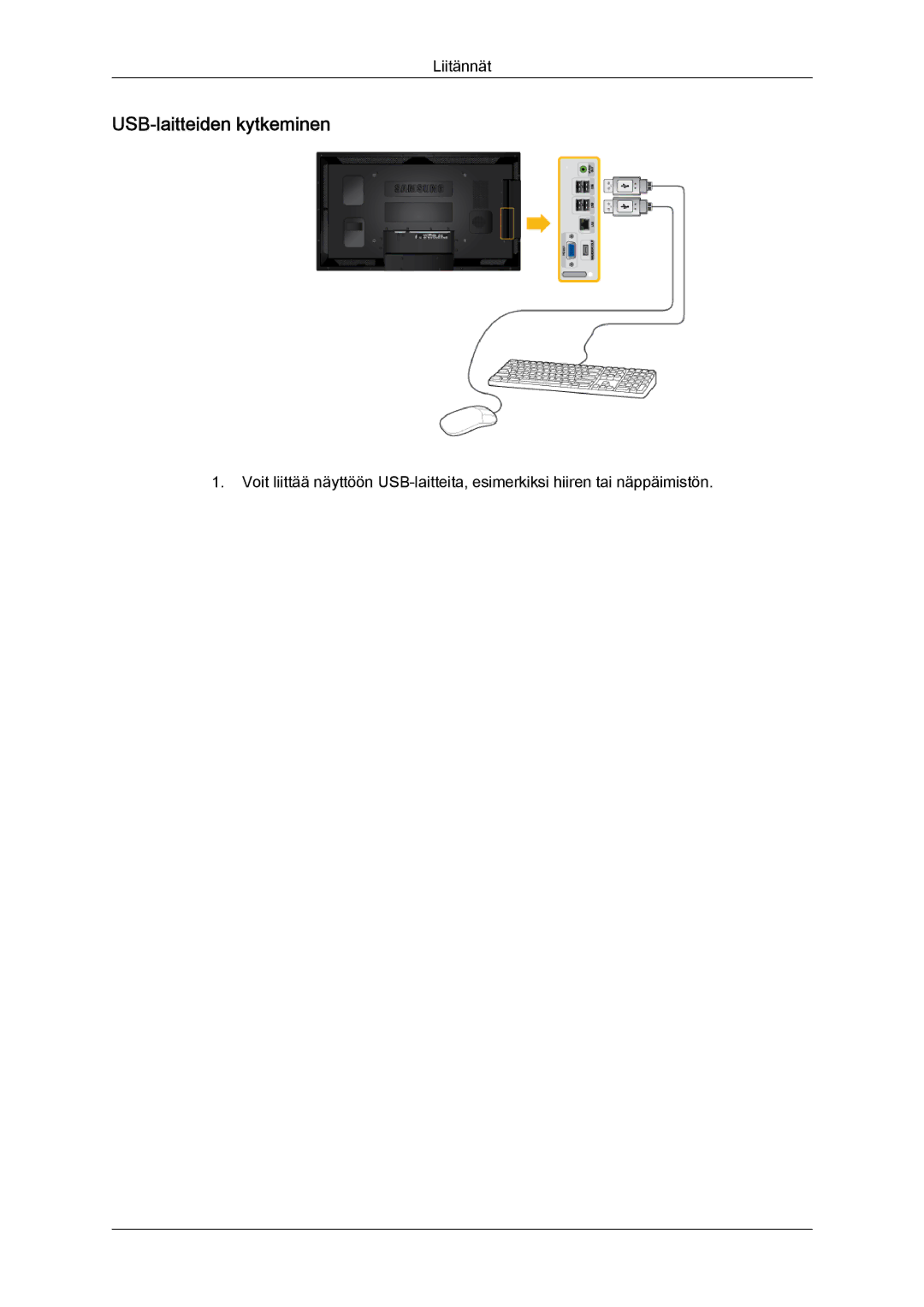 Samsung LH55CSPLBC/EN manual USB-laitteiden kytkeminen 