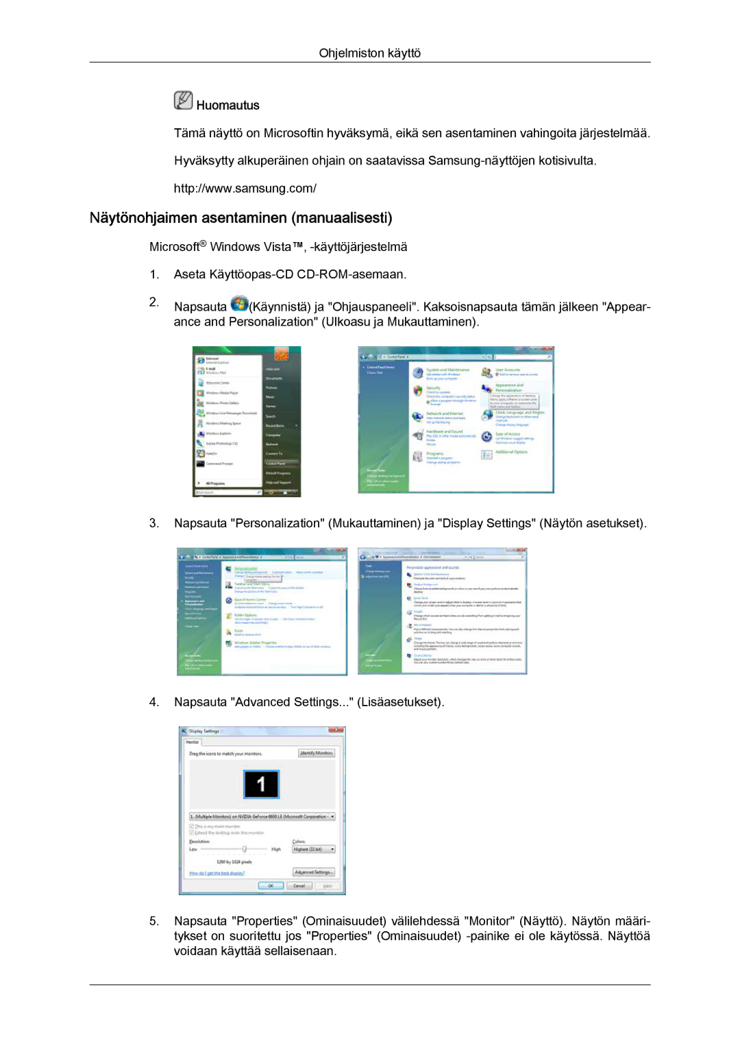 Samsung LH55CSPLBC/EN manual Näytönohjaimen asentaminen manuaalisesti 