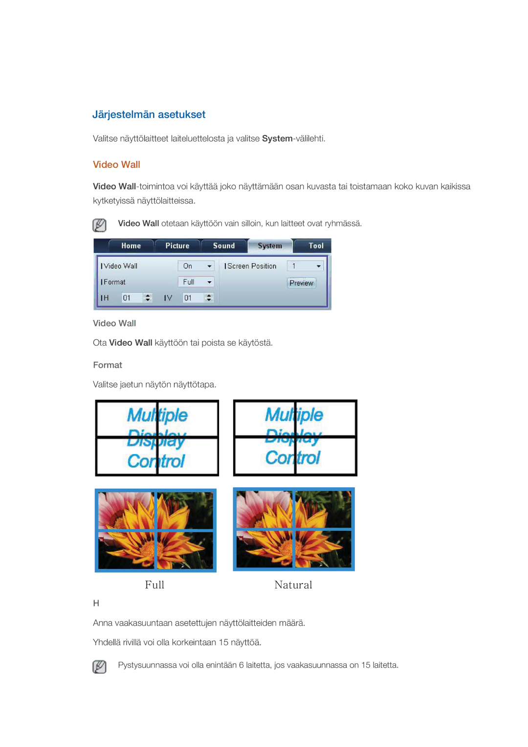 Samsung LH55CSPLBC/EN manual Järjestelmän asetukset, Video Wall, Format 