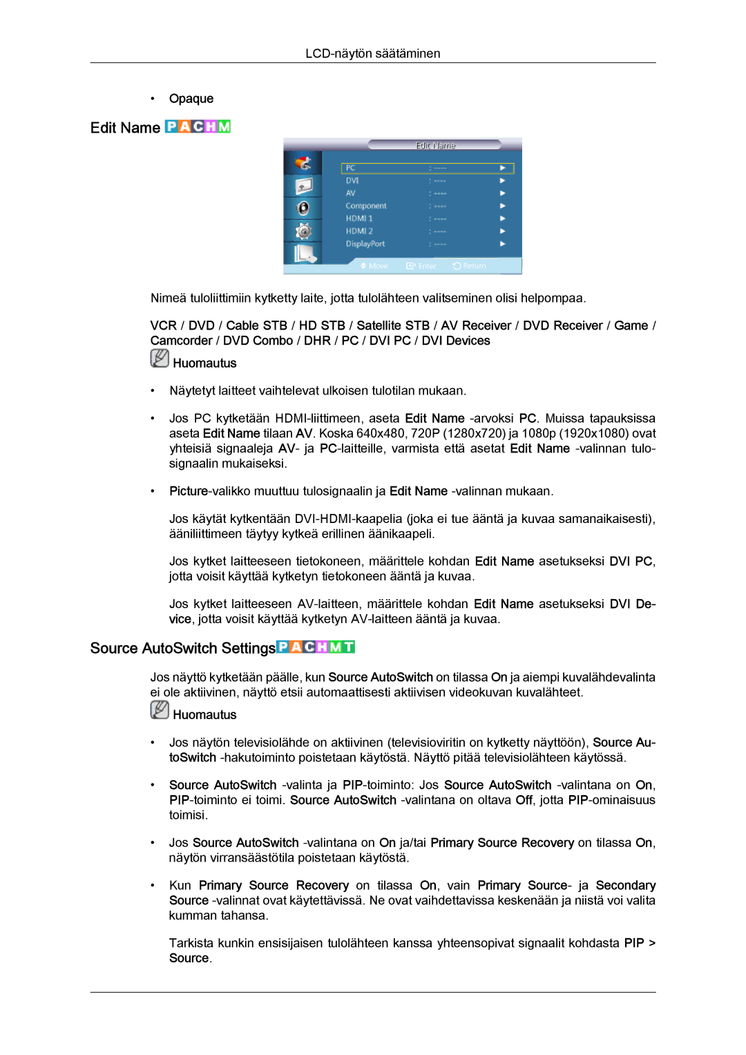 Samsung LH55CSPLBC/EN manual Edit Name, Source AutoSwitch Settings, Opaque 