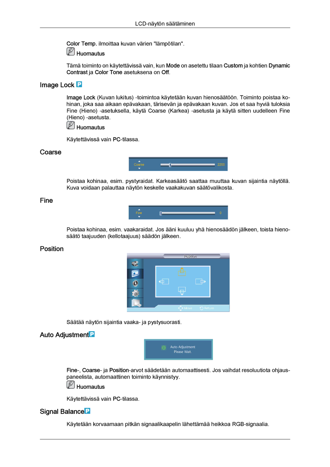 Samsung LH55CSPLBC/EN manual Image Lock, Coarse, Fine, Auto Adjustment, Signal Balance 