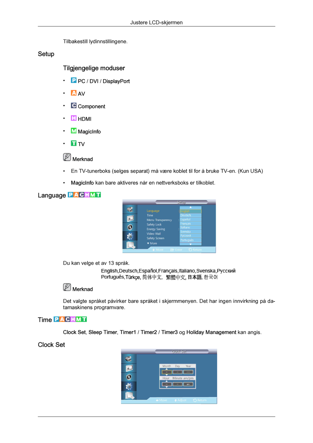 Samsung LH55CSPLBC/EN manual Setup Tilgjengelige moduser, Language, Time, Clock Set 