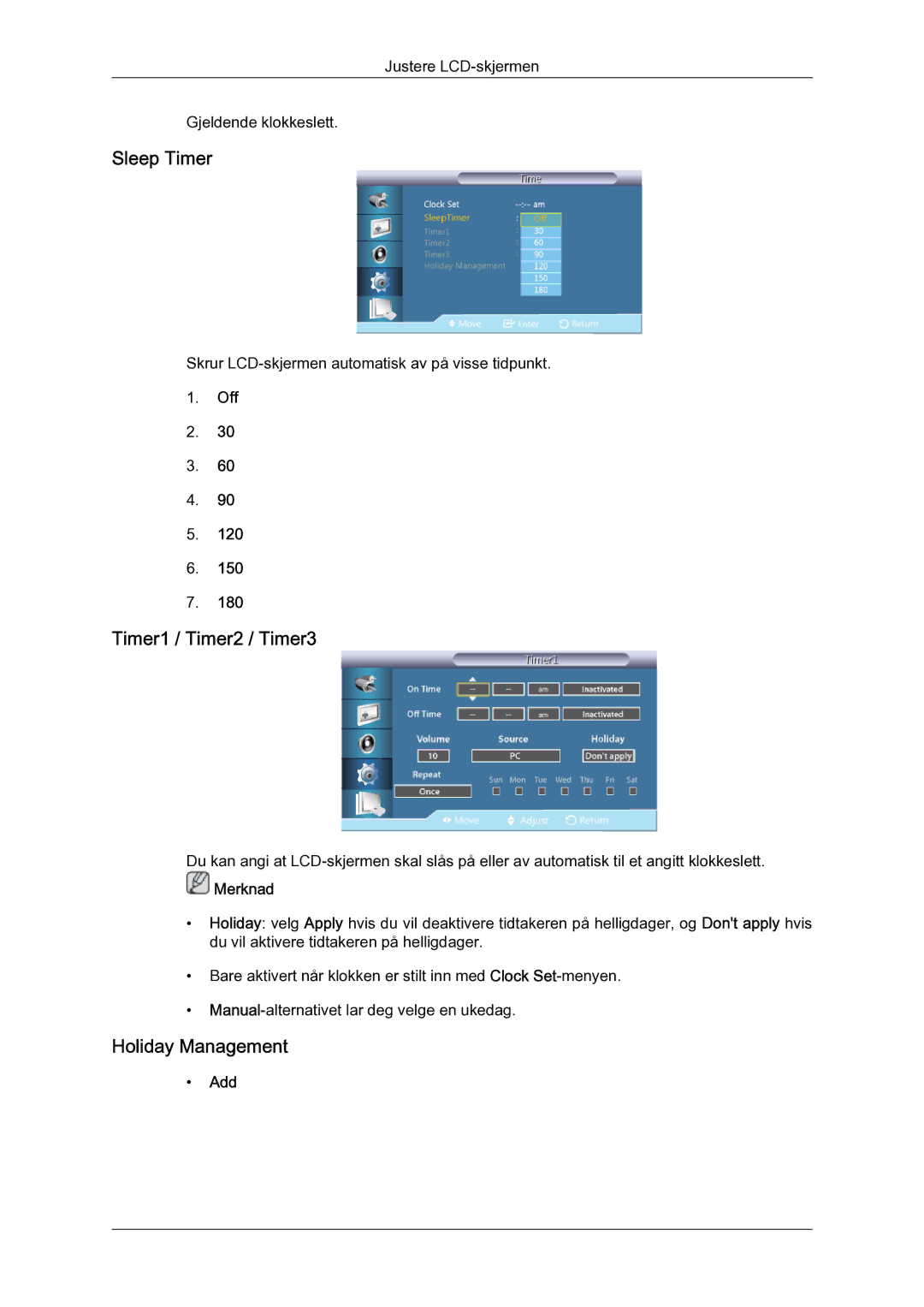 Samsung LH55CSPLBC/EN manual Sleep Timer, Timer1 / Timer2 / Timer3, Holiday Management, Add 