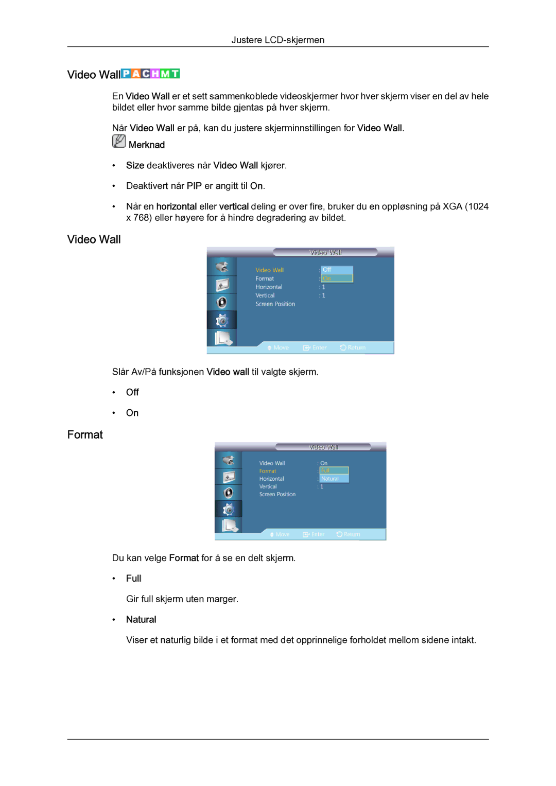 Samsung LH55CSPLBC/EN manual Video Wall, Format, Full 