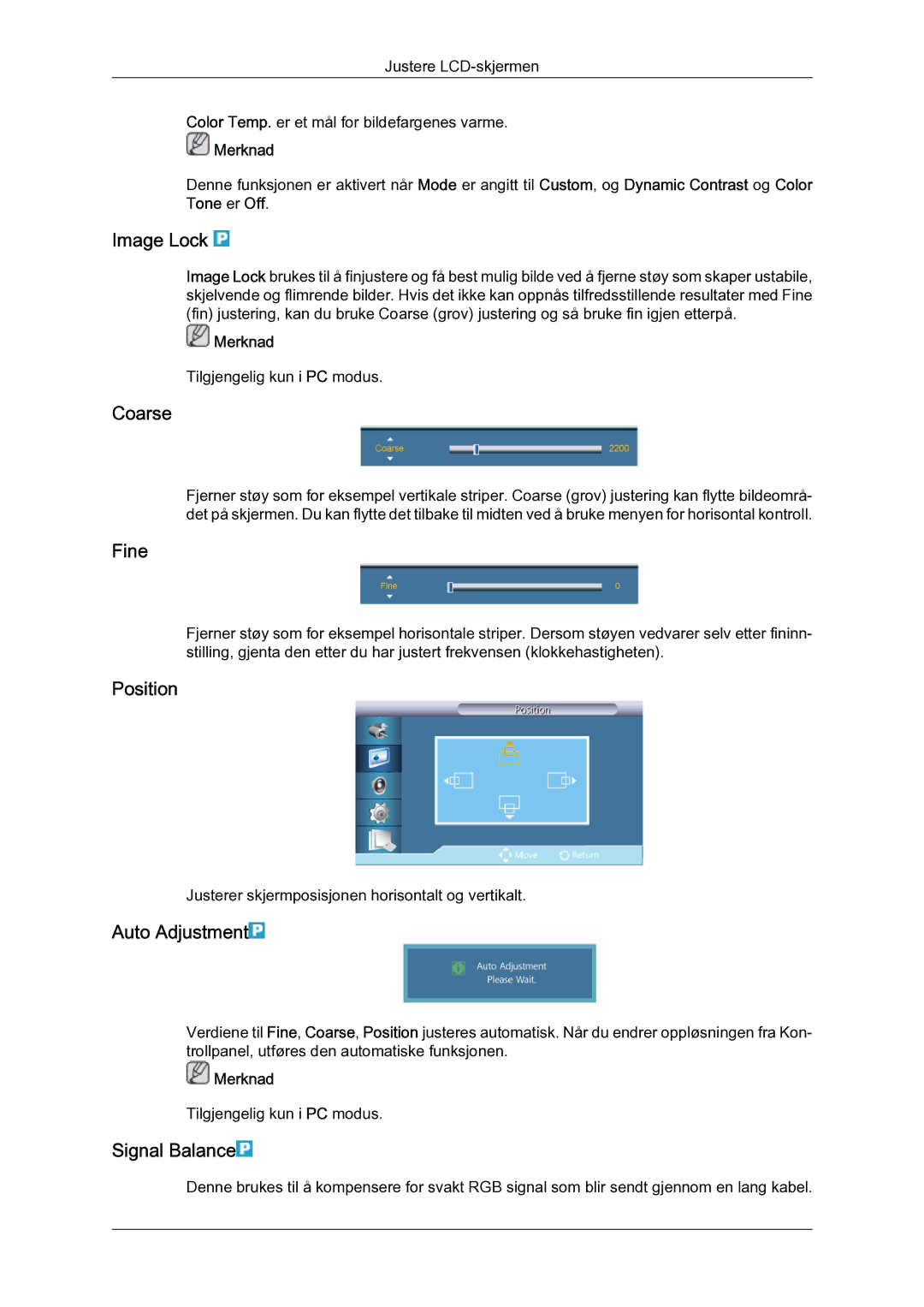 Samsung LH55CSPLBC/EN manual Image Lock, Coarse, Fine, Auto Adjustment, Signal Balance 
