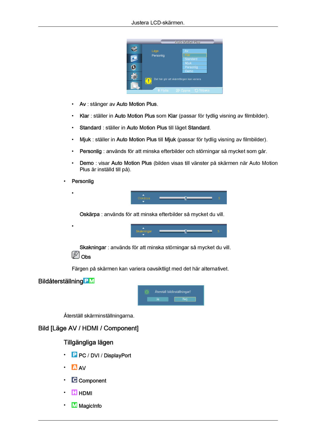 Samsung LH55CSPLBC/EN manual Bildåterställning, Bild Läge AV / Hdmi / Component Tillgängliga lägen, MagicInfo 