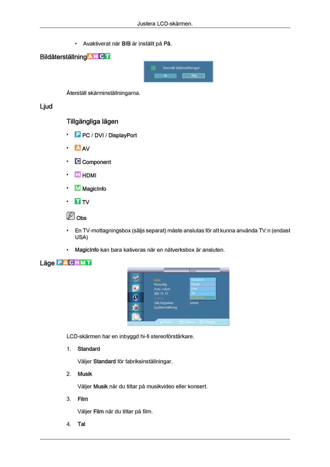 Samsung LH55CSPLBC/EN manual Ljud Tillgängliga lägen, Musik, Tal 