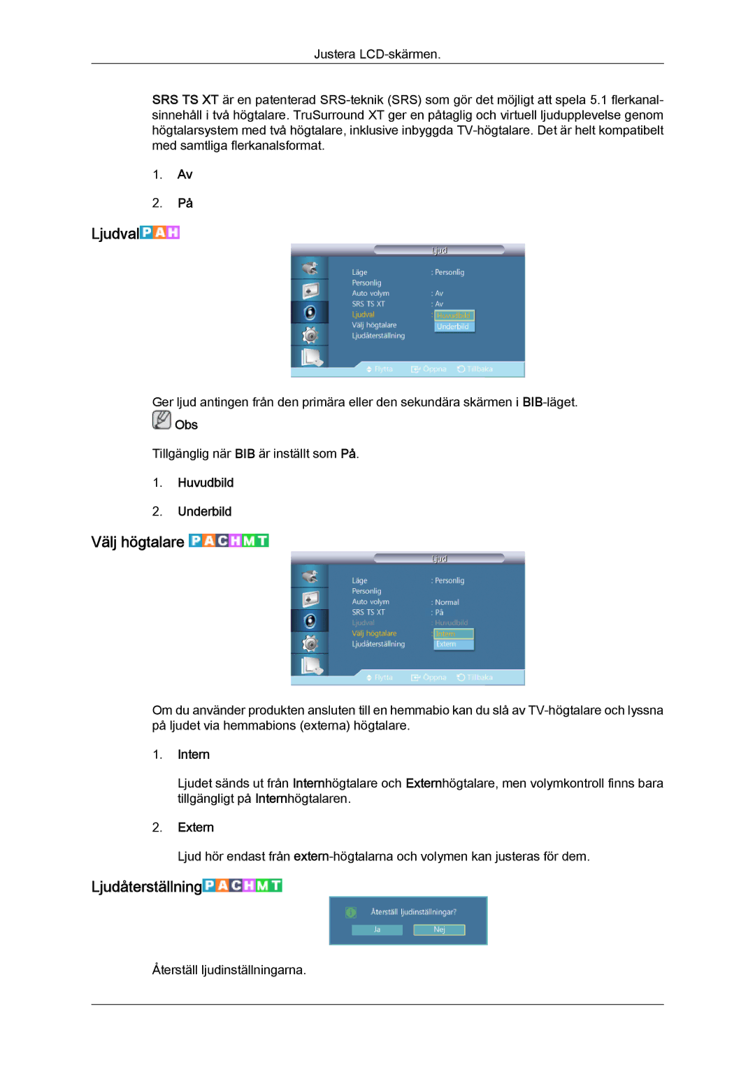 Samsung LH55CSPLBC/EN manual Ljudval, Välj högtalare, Ljudåterställning 