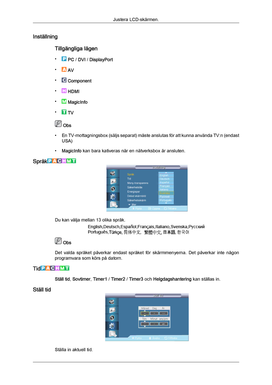 Samsung LH55CSPLBC/EN manual Inställning Tillgängliga lägen, Språk, Tid, Ställ tid 