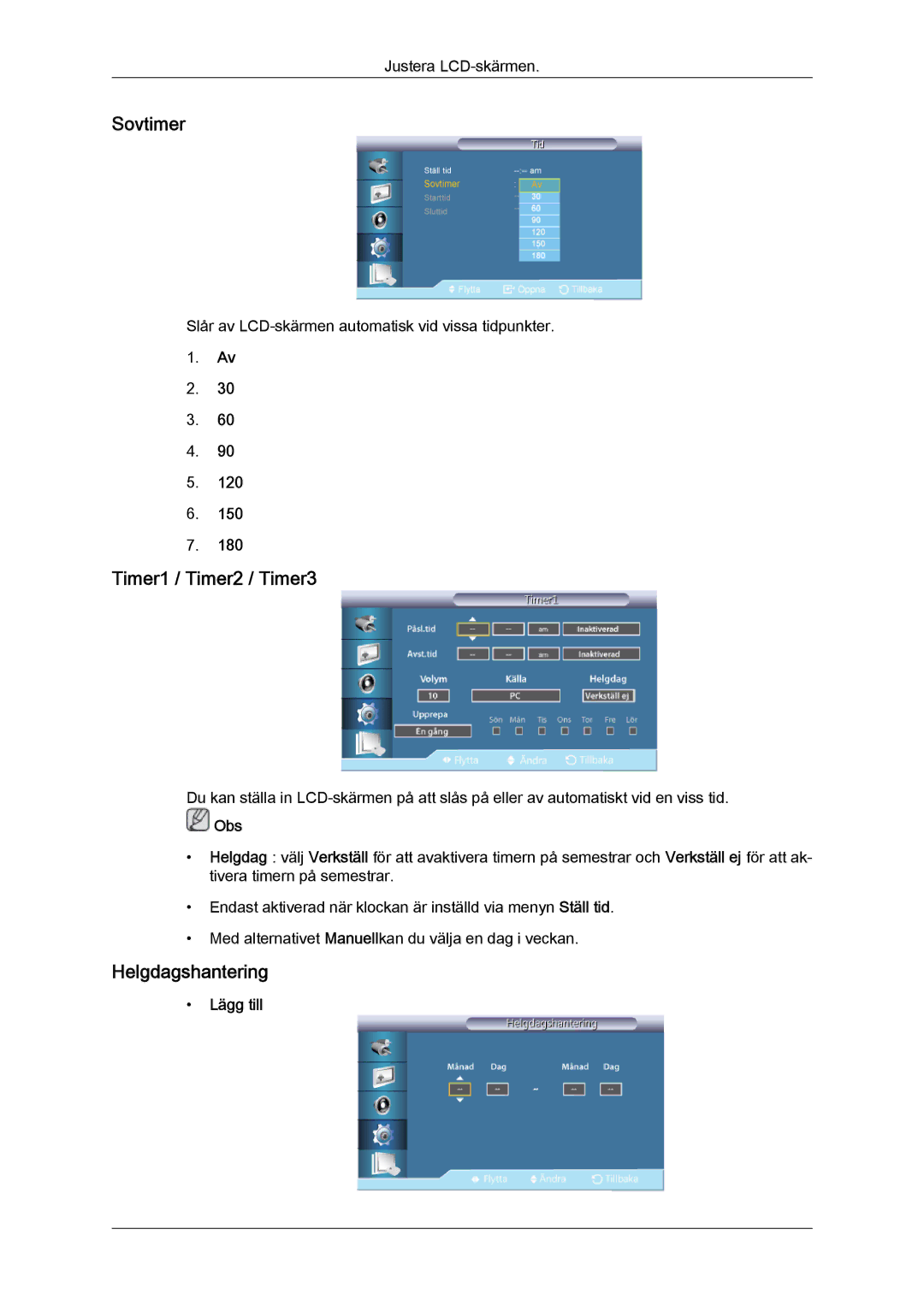 Samsung LH55CSPLBC/EN manual Sovtimer, Timer1 / Timer2 / Timer3, Helgdagshantering, Lägg till 