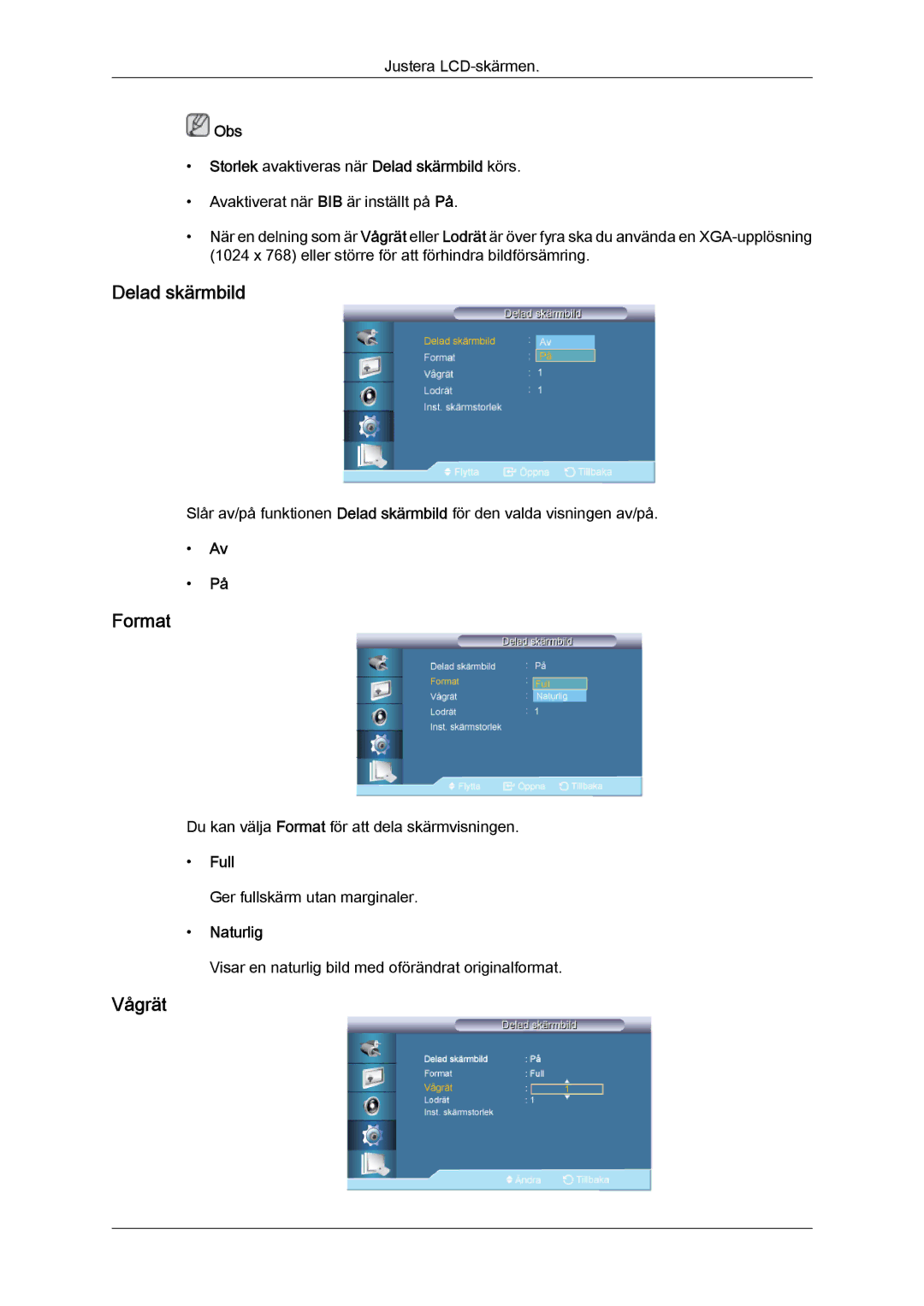 Samsung LH55CSPLBC/EN manual Format, Vågrät, Obs Storlek avaktiveras när Delad skärmbild körs, Full 