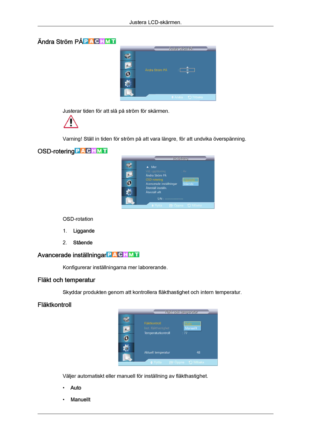 Samsung LH55CSPLBC/EN manual Ändra Ström PÅ, OSD-rotering, Avancerade inställningar, Fläkt och temperatur, Fläktkontroll 