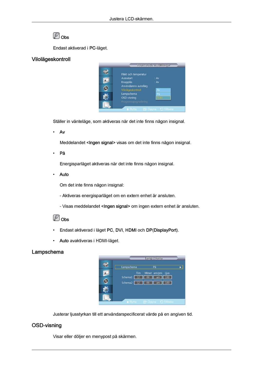 Samsung LH55CSPLBC/EN manual Vilolägeskontroll, Lampschema, OSD-visning, Auto 