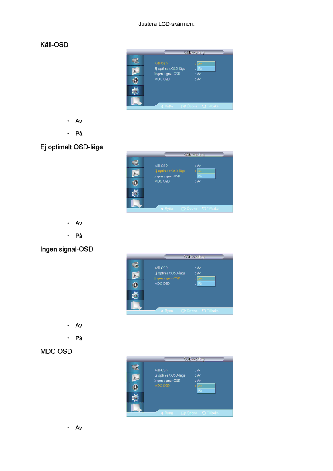 Samsung LH55CSPLBC/EN manual Käll-OSD Ej optimalt OSD-läge Ingen signal-OSD, Mdc Osd 