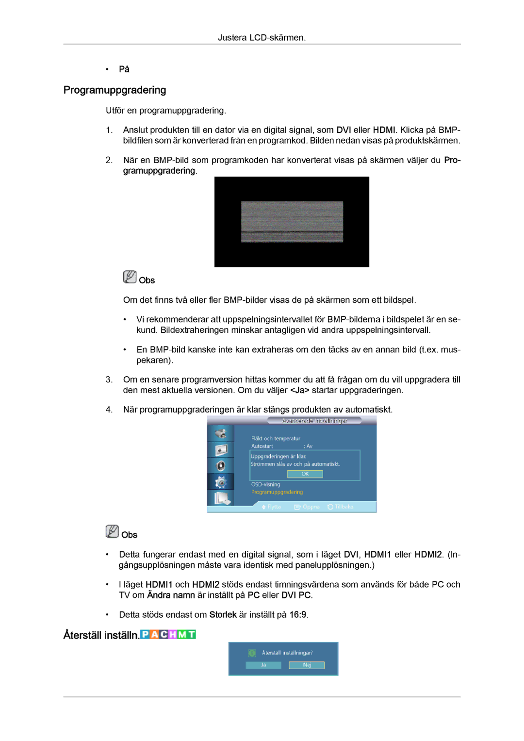 Samsung LH55CSPLBC/EN manual Programuppgradering, Återställ inställn 