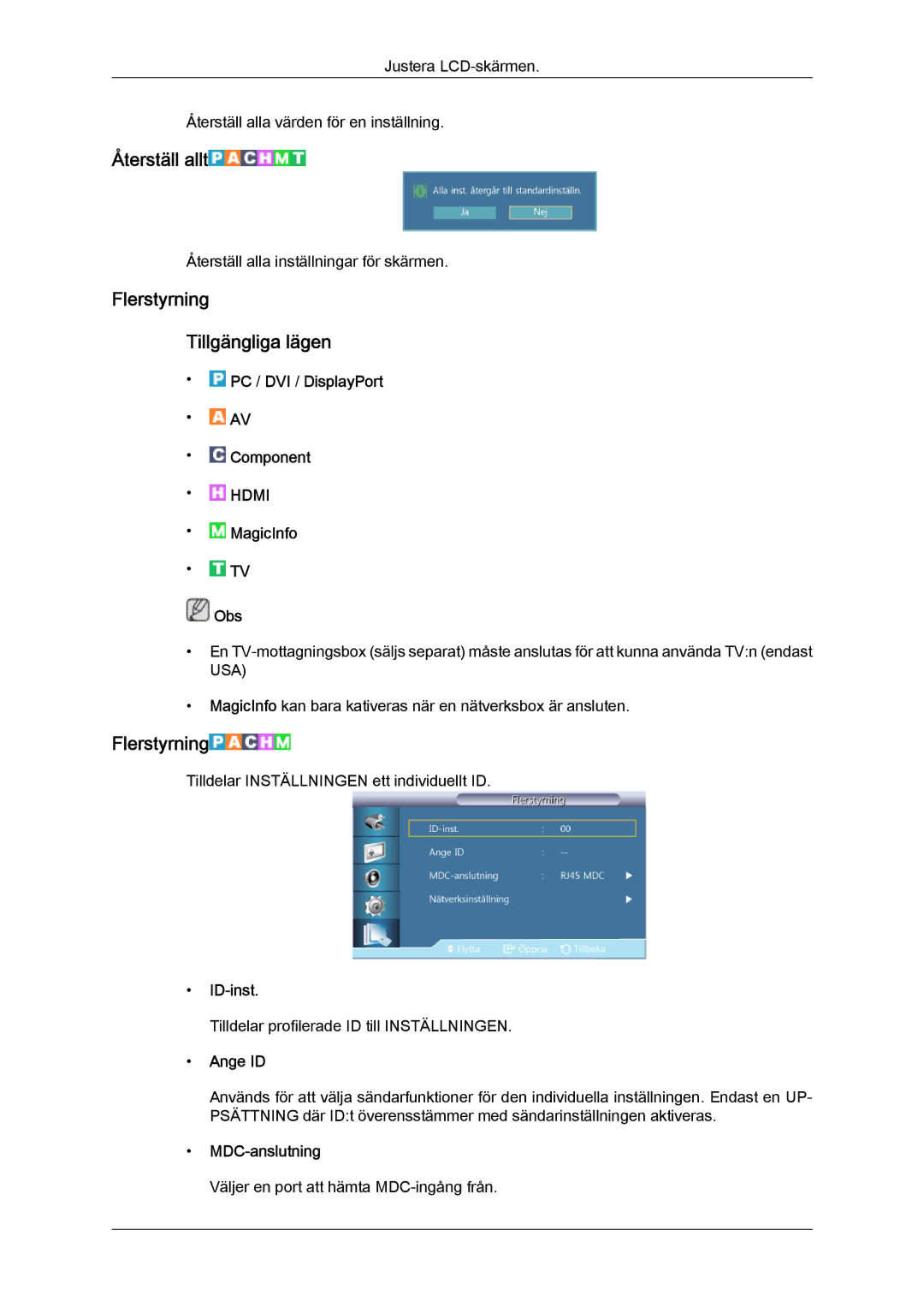 Samsung LH55CSPLBC/EN manual Återställ allt, Flerstyrning Tillgängliga lägen 