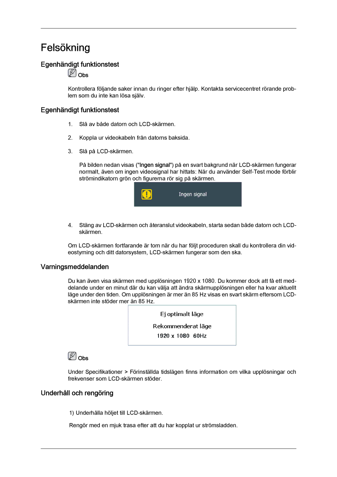 Samsung LH55CSPLBC/EN manual Egenhändigt funktionstest, Varningsmeddelanden, Underhåll och rengöring 