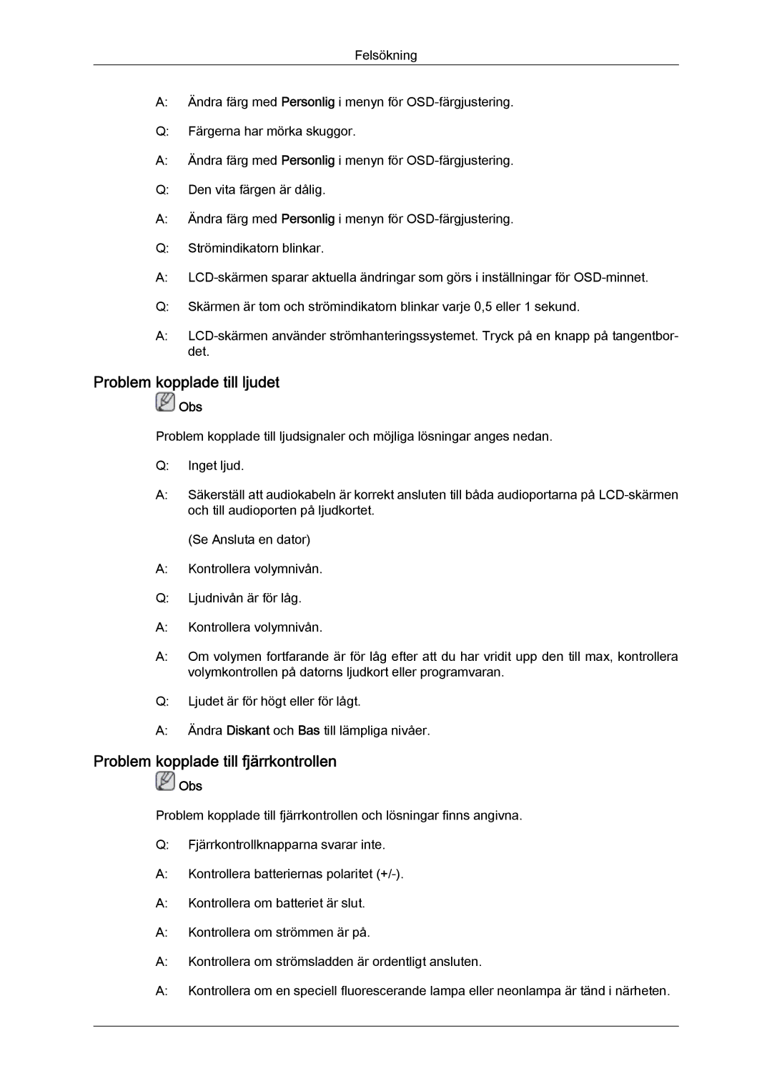 Samsung LH55CSPLBC/EN manual Problem kopplade till ljudet, Problem kopplade till fjärrkontrollen 