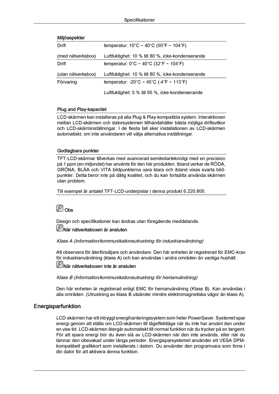 Samsung LH55CSPLBC/EN manual Energisparfunktion 