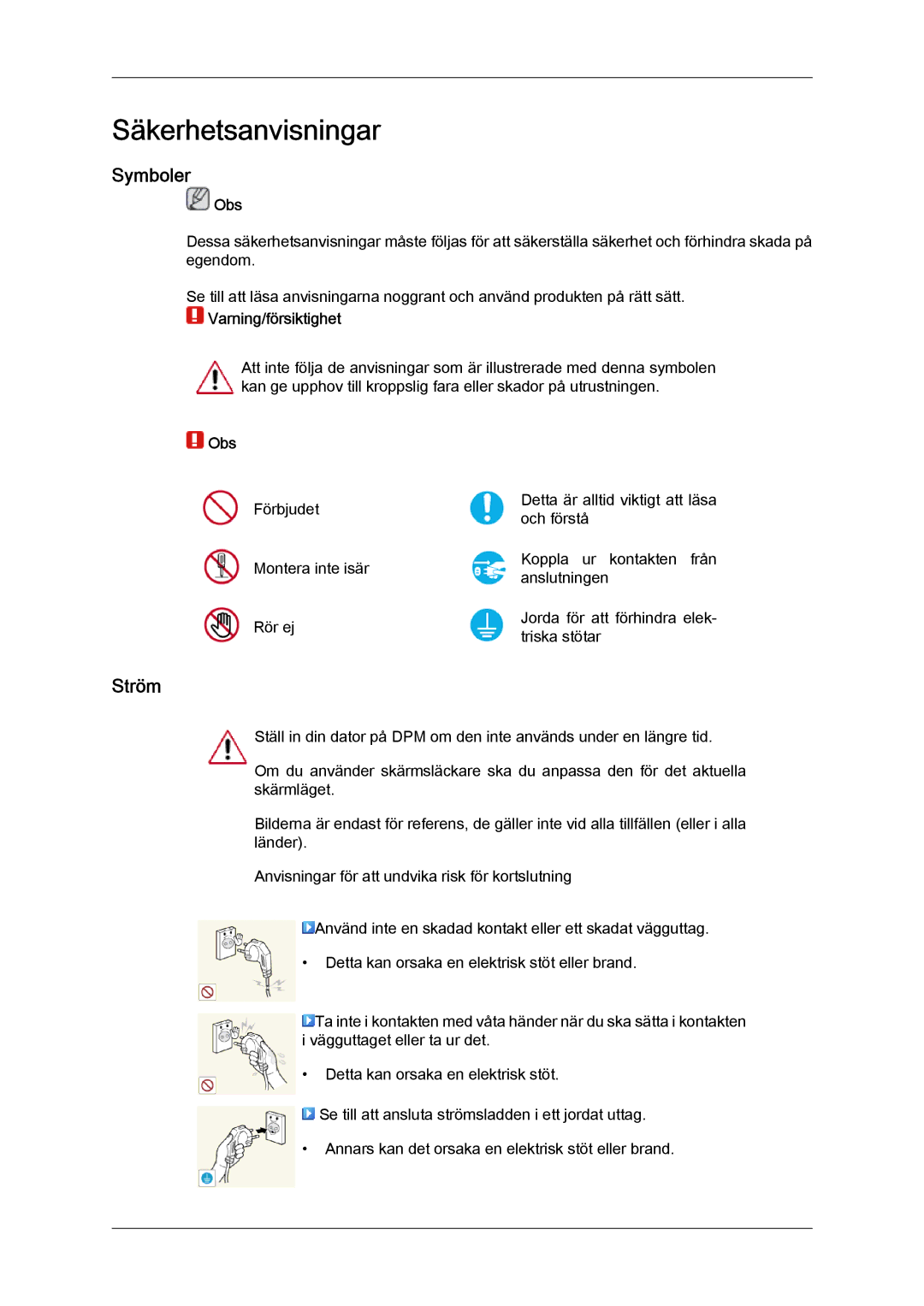 Samsung LH55CSPLBC/EN manual Symboler, Ström, Obs, Varning/försiktighet 