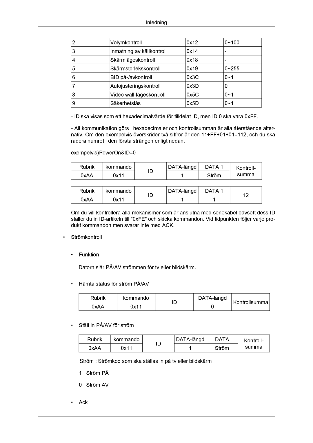 Samsung LH55CSPLBC/EN manual Ström Kontroll Summa Rubrik 0xAA Kommando 0x11 DATA-längd 