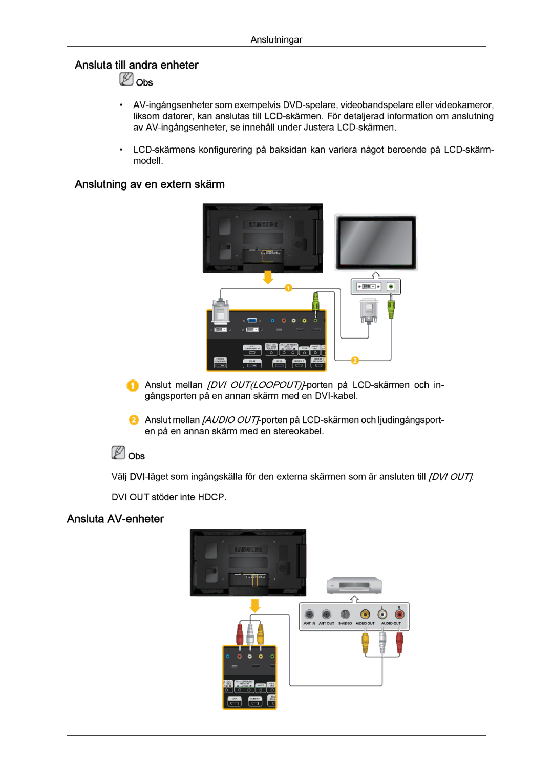 Samsung LH55CSPLBC/EN manual Ansluta till andra enheter, Anslutning av en extern skärm, Ansluta AV-enheter 