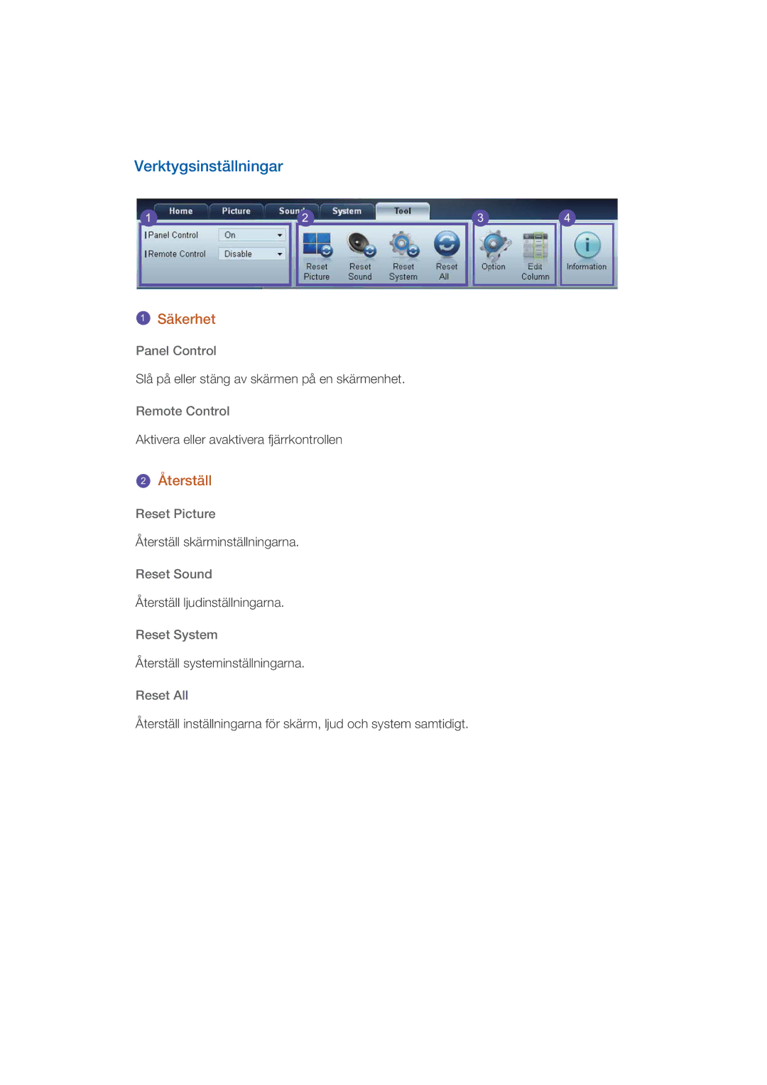 Samsung LH55CSPLBC/EN manual Verktygsinställningar, Återställ, Panel Control, Remote Control, Reset Picture 