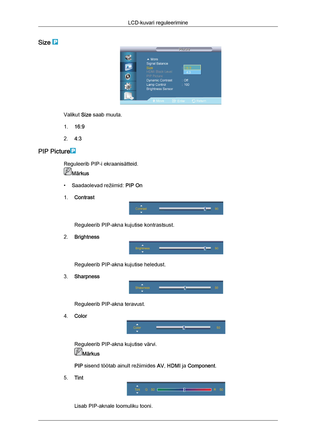 Samsung LH55CSPLBC/EN manual PIP Picture, Color, Tint 